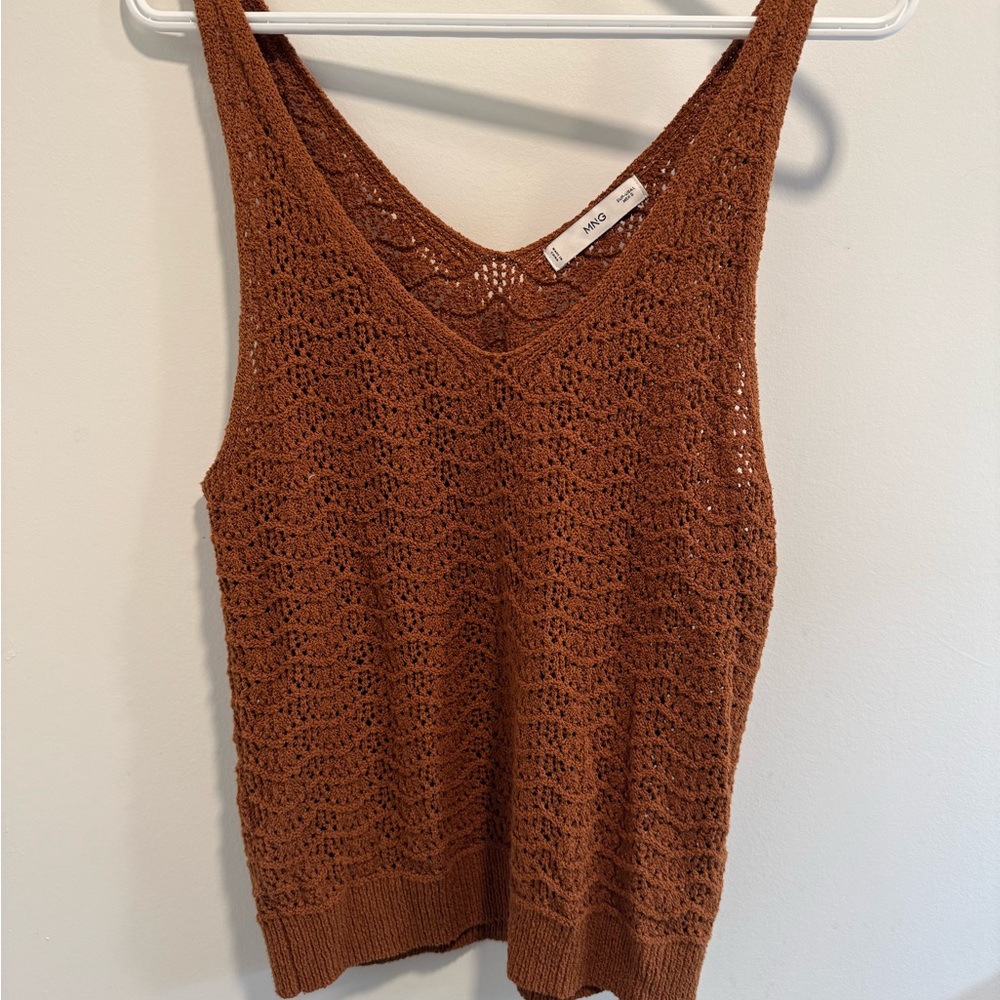 Mango Brown Knit Sleeveless Crochet Top (US L)